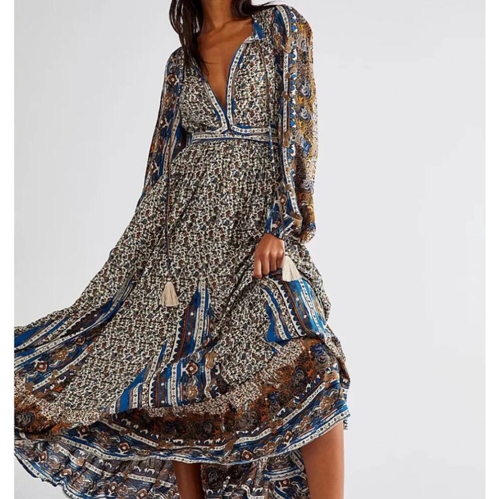 Free People Happy Feelings Maxi Dress Boho Prairie Floral Tassels Border Print S - Picture 16 of 16